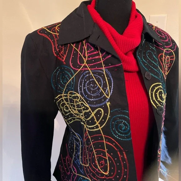 M Festive Colorful Waist Jacket. Detailing on front & cuff. 100% Cotton. - Picture 3 of 16